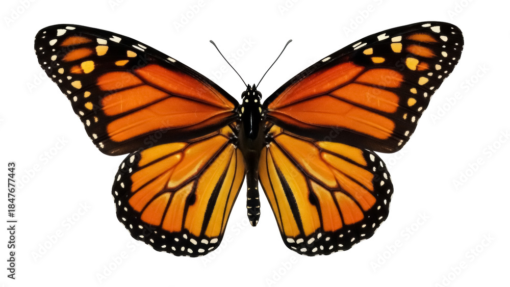 Obraz premium Isolated Monarch Butterfly Open Wings with Orange, Black, and Yellow Patterned Coloring