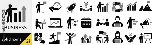 Business solid icons set for web design, mobile app in black silhouette