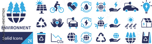 Collection of environment solid vector icons in blue color