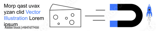 Innovation, imagination, creativity, attraction, science concepts, abstract design. A magnet pulls a rocket towards a piece of cheese. Imagination and attraction conceptual design