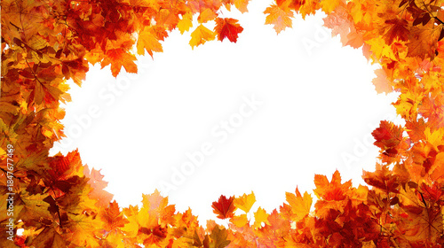Autumn leaves frame with vibrant orange and red maple foliage surrounding bright white center, creating warm seasonal border effect