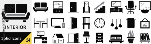 Interior solid icons set for web design, mobile app in black silhouette