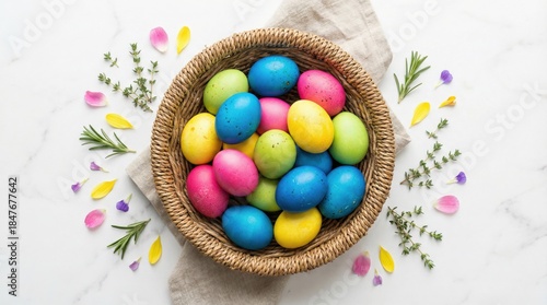 Colorful Easter eggs arranged in a woven basket on a light marble surface, surrounded by fresh herbs and flower petals, creating a vibrant and festive atmosphere for spring celebrations