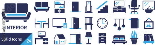 Interior solid icons set for web design, mobile app in dark blue silhouette