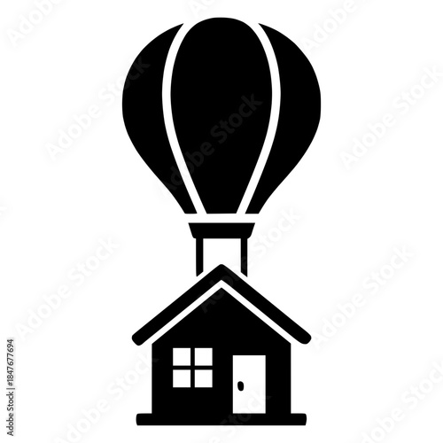 hot air balloon lifting a house, symbolizing dreams, relocation, and freedom