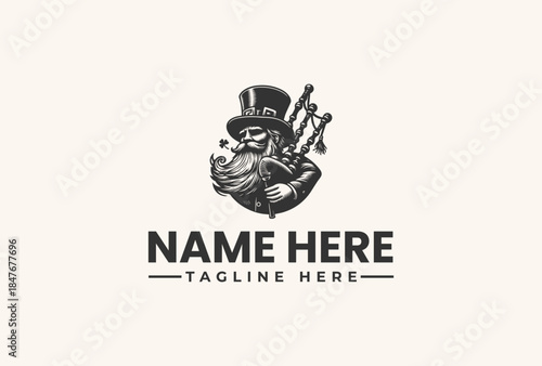 A logo illustration featuring a man in a top hat and suit holding musical instruments with a placeholder text 'NAME HERE' and 'TAGLINE HERE' on a plain background.