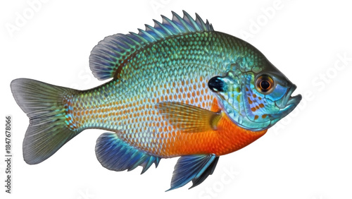 Isolated Bluegill sunfish showing a vibrant orange belly, turquoise face, and a green back