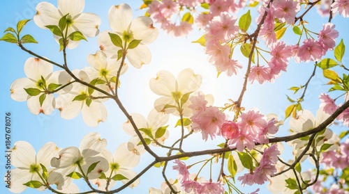 Delicate branches adorned with white dogwood and pink cherry blossoms are set against a vibrant blue sky, capturing the essence of spring and evoking feelings of tranquility and natural beauty