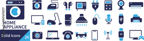 Set of home appliances solid icons isolated on transparent background