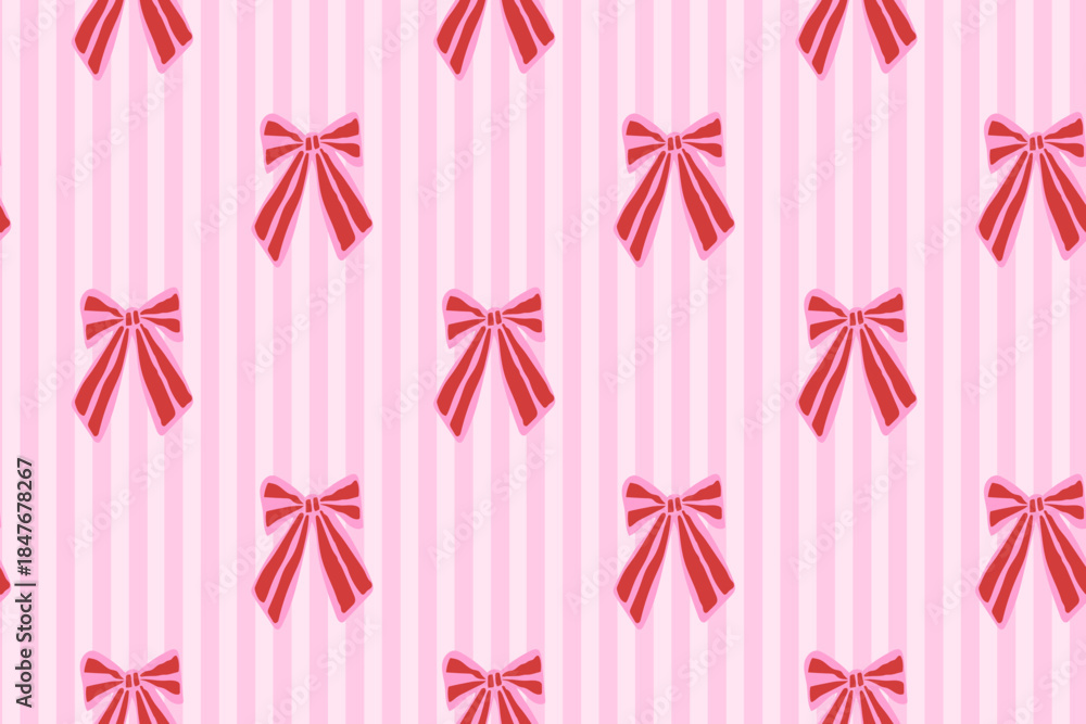 Obraz premium Seamless retro whimsical Valentine bow stripe pattern with vertical stripes. Coquette ribbon texture for weddings, gift wrap, stationery, feminine design, cute romantic packaging. Vector illustration.