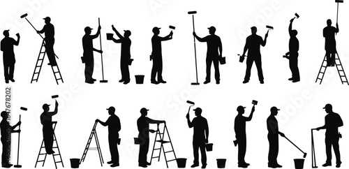 Silhouettes of painters painting walls using ladders and rollers
