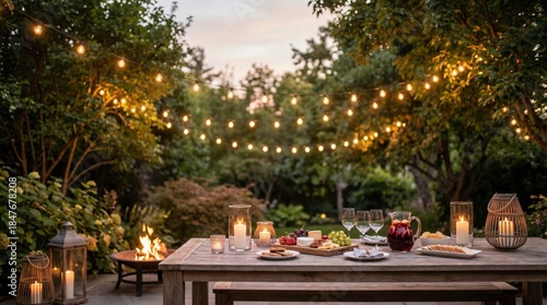 Outdoor dining setup with wooden table adorned with delicious food, drinks, and candles, surrounded by lush greenery and twinkling fairy lights, creating a cozy evening atmosphere for gatherings