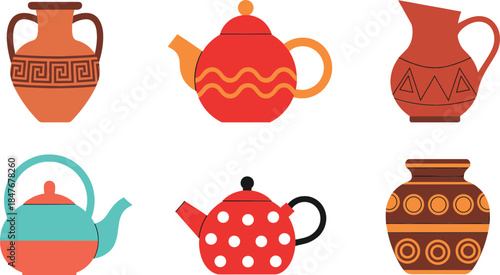 Decorative Teapot and Vase Collection with Ethnic Patterns and Warm Colors in Flat Cartoon Vector Illustration