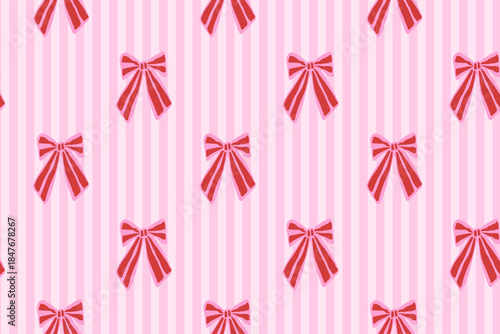 Seamless retro whimsical Valentine bow stripe pattern with vertical stripes. Coquette ribbon texture for weddings, gift wrap, stationery, feminine design, cute romantic packaging. Vector illustration.