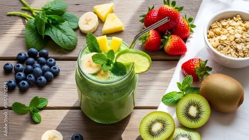 Fototapeta Naklejka Na Ścianę i Meble -  Healthy smoothie and fresh fruits composition