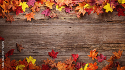 Autumn leaves in red, orange, yellow, and purple colors frame rustic wooden background, creating warm and cozy seasonal atmosphere