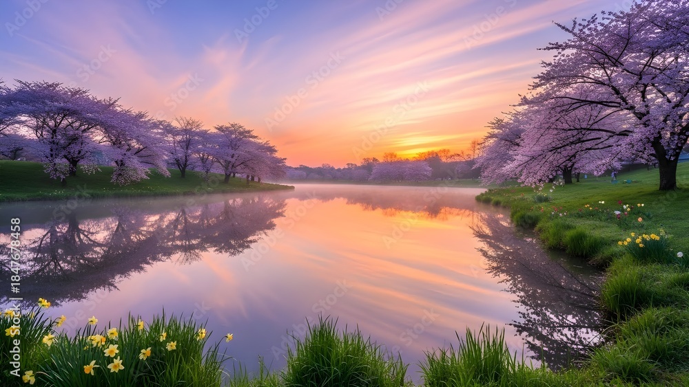Obraz premium Tranquil lake scene with blooming trees at sunrise