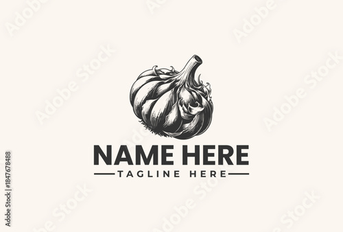 Black and white vector illustration of a pumpkin logo with placeholder text on a beige background.