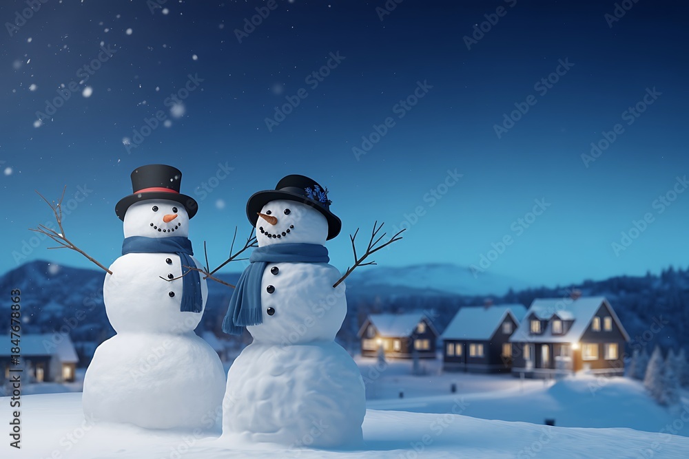 Fototapeta premium Two snowmen standing together in snowy village at dusk