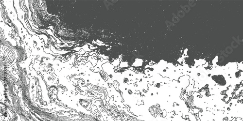 Abstract topographic map contour lines and dark grey solid area background topography