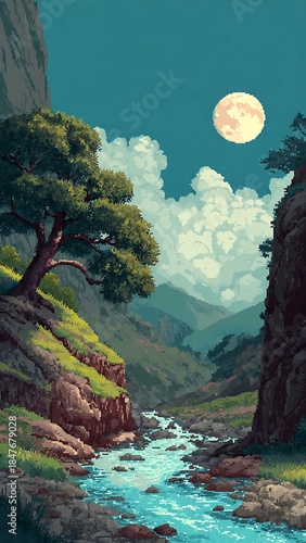 Retro 16-bit pixel art of a nostalgic aesthetic summer landscape.