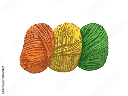 Hand drawn vintage sketch of orange yellow and green yarn balls for knitting in color, isolated vector illustration