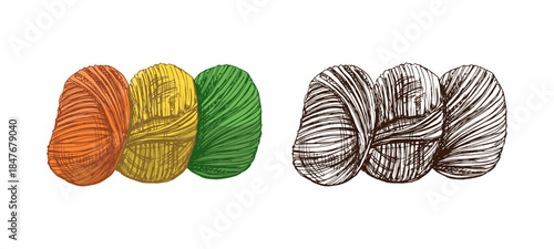 Hand drawn vintage sketch of colorful and monochrome yarn balls for knitting in warm palette, isolated set