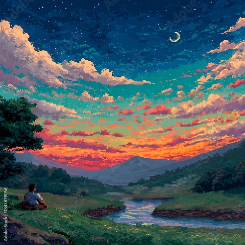 Retro 16-bit pixel art of a nostalgic aesthetic summer landscape.