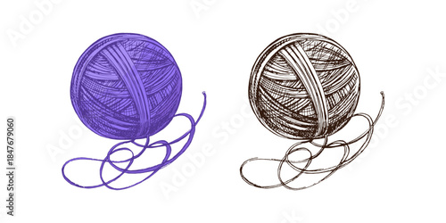 Hand drawn vintage sketch of yarn ball with loose thread in purple and monochrome version, isolated vector illustration