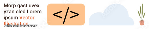 Technology, coding frameworks, web development, minimalism, productivity, creative workspace. Code symbol enclosed in angled brackets, a cloud shape and a potted plant. Technology and coding