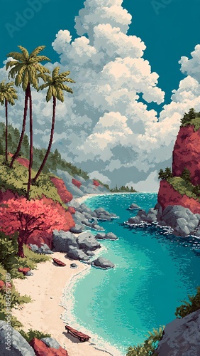 Retro 16-bit pixel art of a nostalgic aesthetic summer landscape.