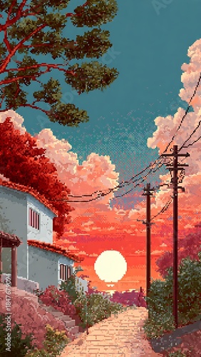 Retro 16-bit pixel art of a nostalgic aesthetic summer landscape.
