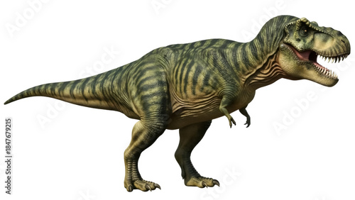 Fotografía Isolated Tyrannosaurus Rex dinosaur with striped green skin, a powerful and anci
