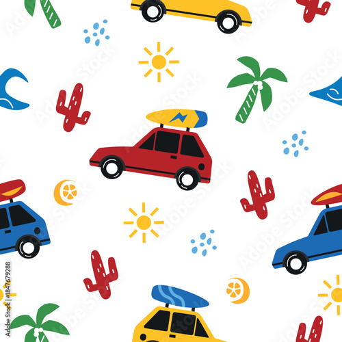 Seamless vector pattern of vacation themes featuring surf car and beaches