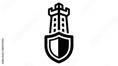 Minimalist illustration of a castle tower integrated with a shield emblem symbolizing protection