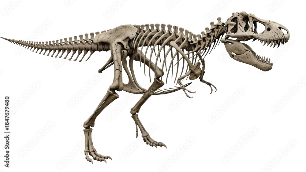 Obraz premium Isolated Tyrannosaurus Rex skeleton. Fossilized dinosaur with a ferocious predator's skull