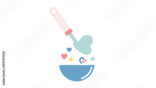 Minimalist Illustration of a Dropper Dispensing Heart-Shaped and Star Elements into a Blue Bowl