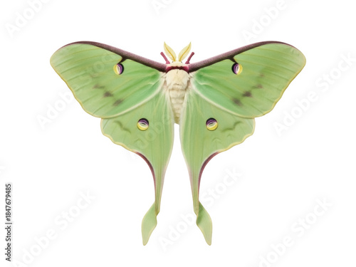 Photography Isolated Actias luna, a stunning Luna Moth species displaying a mesmerizing gree