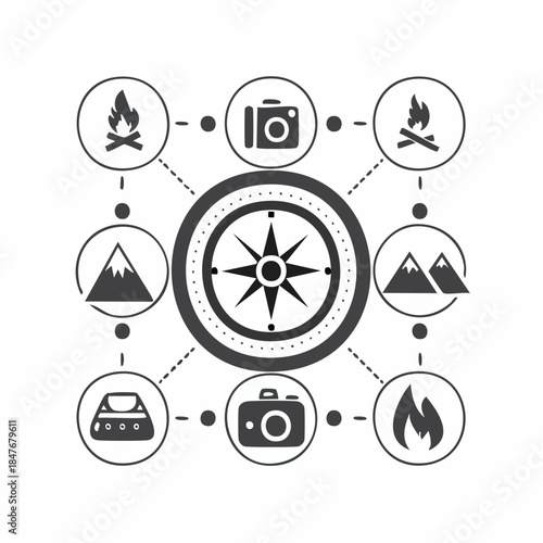 Set of icons representing adventure and outdoor activities such as camping, photography, and hiking in a minimalist style