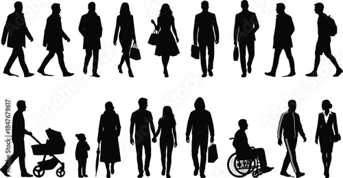 Set of walking people silhouettes, business, casual, family, man, woman, pedestrian, crowd, community, mobility, vector.