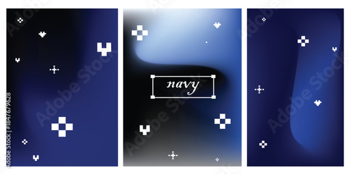 Dark blue gradient background with simple pixel art pattern. Abstract midnight sky navy blue blurry vector texture. Y2k geometric design. Set of 3 square vector gradient bg for poster, social media