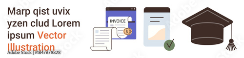 Education, finance, document processing, academic achievements, billing systems, learning platforms. Collection of document icons including invoice, checklist and graduation cap. Education