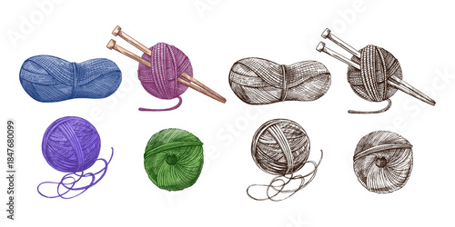 Hand drawn vintage seamless pattern of colorful and monochrome yarn balls and knitting needles, sketch style