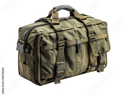 Olive green duffel bag with multiple straps and buckles, isolated