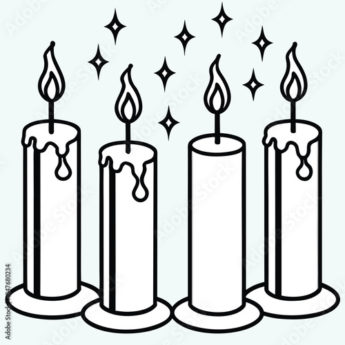 Vector illustration set of burning wax candles with flames for Christmas holiday celebration labels and birthday card design icons on a black background