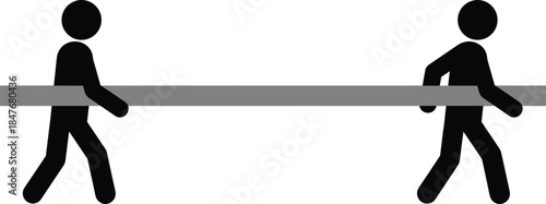 Two men carrying long heavy steel beam stick figures, teamwork, construction, building, material, collaboration, strength, labor, work.