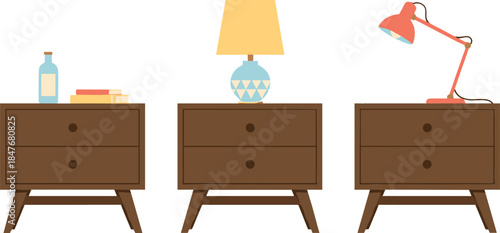 Mid-Century Modern Nightstands with Table and Desk Lamps Flat Vector Bedroom Furniture Illustration