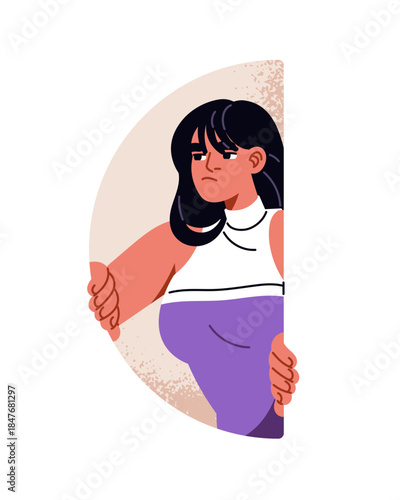 Annoyed girl looks out at noise with curiosity. Dissatisfied curious young woman is peeking outside window. Irritated person peeps behind wall. Flat isolated vector illustration on white background