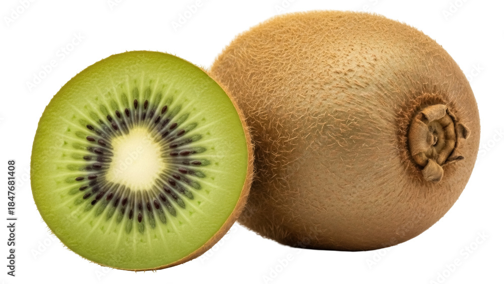 Obraz premium Isolated kiwi fruit half with fuzzy whole fruit, raw vitamin C healthy food close-up