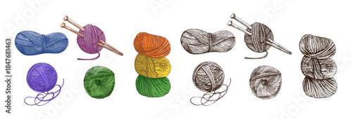 Hand drawn vintage sketch of colorful and monochrome yarn balls with knitting needles, isolated vector illustration